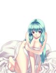  agarest_senki_(series) agarest_senki_2 aqua_hair barefoot bed bed_sheet bent_over breast_hold breasts cleavage covering feet hirano_katsuyuki large_breasts long_hair lowres naked_sheet naughty_face nude nude_cover official_art purple_eyes smile solo thick_thighs thighs very_long_hair victoria_(agarest_senki) 