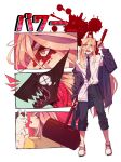  +_+ 1girl animal black_necktie blonde_hair blood blood_devil_(chainsaw_man) blood_on_face blood_splatter cat chainsaw_man hair_between_eyes hammer highres holding holding_animal holding_weapon horns looking_at_viewer meowy_(chainsaw_man) necktie open_mouth pants pants_rolled_up power_(chainsaw_man) red_horns rkshi sharp_teeth shirt_half_tucked_in shirt_tucked_in simple_background teardrop teeth weapon white_background 
