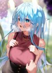 1girl 1other :o bangs blue_eyes blue_hair blurry blurry_background blush braid breast_suppress breasts chain_necklace chihiro_(khorosho) commentary covered_nipples embarrassed hair_between_eyes hair_intakes heavy_breathing jewelry large_breasts light_blue_hair long_bangs long_hair looking_at_viewer necklace nipple_tweak original outdoors red_sweater ribbed_sweater sleeveless sleeveless_sweater solo_focus sweater through_clothes trembling 