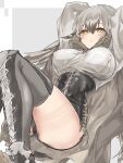  1girl an_fyhx arknights arms_up black_cape black_shorts blush breasts bright_pupils cape covered_nipples fartooth_(arknights) feather_hair feet_out_of_frame grey_background grey_hair grey_thighhighs high-waist_shorts highres large_breasts long_hair looking_at_viewer no_headwear parted_lips shorts solo thighhighs thighs two-tone_background very_long_hair white_background yellow_eyes 