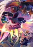  absurdres bat_wings bird cityscape dragoon_(kirby) galaxia_(sword) highres hydra_(kirby) kirby kirby_(series) kirby_air_ride meta_knight no_humans outdoors riding sky suyasuyabi twitter_username wings 