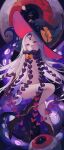  1girl abigail_williams_(fate) abigail_williams_(third_ascension)_(fate) absurdres black_bow black_headwear black_panties bow closed_mouth expressionless fate/grand_order fate_(series) floating hat highres keyhole knee_up lch long_hair looking_at_viewer midair multiple_bows multiple_hat_bows orange_bow pale_skin panties purple_eyes revealing_clothes solo suction_cups tentacles underwear very_long_hair white_hair witch_hat 