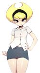  1girl absurdres black_eyes black_hairband black_nails black_skirt blonde_hair breasts button_gap commentary english_commentary fingernails hairband hand_on_hip highres looking_at_viewer mandy_(grim_adventures) nail_polish shirt short_hair short_sleeves simple_background skirt slugbox small_breasts solo standing the_grim_adventures_of_billy_&amp;_mandy white_background white_shirt 