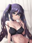  1girl bare_shoulders black_bra black_choker black_hair black_panties black_ribbon bra breasts choker cleavage closed_mouth collarbone curtains earrings frown genshin_impact green_eyes hair_between_eyes hair_ribbon hand_up hhsan highres indoors jewelry leaning_to_the_side long_hair looking_at_viewer medium_breasts mona_(genshin_impact) navel no_headwear panties ribbon skindentation solo sparkle_print star_(symbol) star_earrings stomach strap_slip sweatdrop twintails underwear underwear_only very_long_hair window 