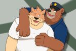  2022 anthro black_nose brok_the_investigator brown_body clothing duo embrace goofq_sumato hat headgear headwear hi_res hug hugging_from_behind humanoid_hands kangaroo macropod male mammal marsupial overweight overweight_male police police_hat police_officer police_uniform r.j._(brok_the_investigator) shirt sin_(brok_the_investigator) topwear uniform ursid video_games 