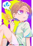  absurdres blue_hair brown_hair chromatic_aberration commentary_request dripping flying_sweatdrops food gender_request green_shirt highres holding holding_food knee_up looking_away looking_to_the_side medibang_paint_(medium) multicolored_hair neko_7567 original partial_commentary popsicle purple_background purple_eyes shirt short_sleeves shorts solo spoken_flying_sweatdrops sweat twitter_username white_shorts 