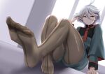  1girl ahoge back-seamed_legwear bangs black_pantyhose brushing_hair closed_mouth dutch_angle front-seamed_legwear grey_eyes grey_hair gundam gundam_suisei_no_majo hair_between_eyes highres long_hair looking_away miorine_rembran muto_dt pantyhose pantyhose_under_shorts seamed_legwear solo swept_bangs unamused 