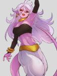  1girl :d android_21 arm_up armpits black_sclera black_sleeves breasts choker cleavage colored_sclera colored_skin detached_sleeves dragon_ball dragon_ball_fighterz earrings grey_background hair_between_eyes hoop_earrings jewelry kemachiku long_hair looking_at_viewer majin_android_21 medium_breasts midriff navel open_mouth pink_skin pointy_ears red_eyes simple_background smile solo tail teeth upper_teeth white_hair yellow_choker 