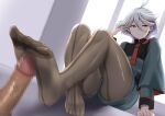  1girl ahoge back-seamed_legwear bangs black_pantyhose brushing_hair censored closed_mouth commentary_request dutch_angle footjob front-seamed_legwear grey_eyes grey_hair gundam gundam_suisei_no_majo hair_between_eyes highres long_hair looking_away miorine_rembran mosaic_censoring muto_dt pantyhose pantyhose_under_shorts penis seamed_legwear solo_focus swept_bangs unamused 