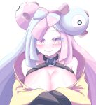  1girl alternate_breast_size armpit_crease bangs bare_shoulders blue_hair blush bow-shaped_hair breasts character_hair_ornament cleavage collarbone cross dot_nose hair_ornament highres huge_breasts inverted_cross iono_(pokemon) jacket latin_cross light_blue_hair long_hair looking_at_viewer magnemite multicolored_hair oversized_clothes parted_lips pink_eyes pink_hair pokemon pokemon_(game) pokemon_sv raised_eyebrows sharp_teeth simple_background sleeves_past_fingers sleeves_past_wrists smile solo split-color_hair symbol_in_eye teeth tofu_(ekdnjsdlqslek) two-tone_hair white_background x yellow_jacket 