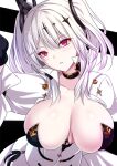  1girl akeyama_kitsune azur_lane black_choker breasts breasts_apart center_opening choker collared_dress dress framed_breasts grey_hair joffre_(azur_lane) long_hair looking_at_viewer purple_eyes simple_background solo twintails white_background white_dress 