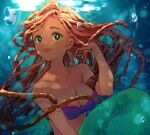  1girl animal ariel_(disney) bare_arms bare_shoulders breasts brown_hair cleavage closed_mouth collarbone dreadlocks fish green_eyes highres large_breasts long_hair looking_at_viewer mermaid monster_girl nachoz_(nachozart) smile solo the_little_mermaid_(2023) underwater 