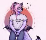  anthro chiropteran colored_sketch epke hair humming male mammal mixed_breed piercing pink_hair provocative_clothing purple_body purple_skin sitting sketch solo 