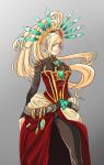  1girl absurdres alternate_hairstyle anonymous_(korean) artist_request bad_id bad_pixiv_id blonde_hair blue_eyes breasts corset earrings eldar facial_tattoo feathers headgear highres jewelry large_breasts long_hair pointy_ears ponytail solo tattoo warhammer_40k yvraine 