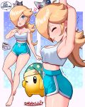  1girl absurdres arms_up bare_legs barefoot blonde_hair blue_eyes blue_shorts breasts cleavage crop_top crown dolphin_shorts eyelashes hair_over_one_eye high-waist_shorts highres luma_(mario) mario_(series) mini_crown one_eye_closed rosalina sarukaiwolf short_shorts shorts strap_slip stretching super_mario_galaxy tank_top 