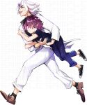  1boy 1girl belt closed_mouth denim ejami full_body jeans open_mouth pants purple_hair red_eyes sample_watermark shoes short_hair short_sleeves simple_background smile sneakers white_background white_hair 