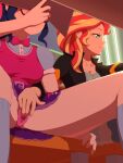  2girls blush closed_mouth fingering fingering_through_clothes fingering_through_panties green_eyes highres multicolored_clothes multiple_girls my_little_pony my_little_pony_equestria_girls orange_hair red_hair rockset sitting stealth_sex sunset_shimmer through_clothes twilight_sparkle yuri 