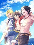  3boys ^_^ arm_around_shoulder ascot belt black_hair black_pants blonde_hair blue_shirt blue_shorts blue_sky closed_eyes cloud collarbone collared_shirt day freckles friends fur-trimmed_shorts fur_trim grey_pants grin groin hair_intakes hand_on_another&#039;s_hip highres monkey_d._luffy multiple_boys navel nipples one_piece open_clothes open_shirt outdoors pants portgas_d._ace red_shirt sabo_(one_piece) scar scar_on_cheek scar_on_face shiny shiny_hair shirt short_hair shorts sky smile topless warori_anne white_ascot wing_collar 