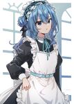  1girl absurdres alternate_costume apron belt black_bow blue_belt blue_eyes blue_hair blue_ribbon border bow commentary_request cowboy_shot enmaided hair_between_eyes hair_bun hairband highres hololive hoshimachi_suisei indie_virtual_youtuber juliet_sleeves lolita_hairband long_hair long_sleeves looking_at_viewer maid maid_apron maid_headdress neck_ribbon nut_megu outside_border parted_lips puffy_sleeves ribbon single_hair_bun solo star_(symbol) star_in_eye symbol_in_eye white_border window 