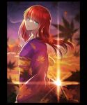  1girl absurdres autumn_leaves bangs black_border blue_eyes blurry blurry_foreground border dusk from_side head_tilt highres japanese_clothes kimono leaf long_hair long_sleeves looking_at_viewer maple_leaf no_hairband open_mouth purple_kimono red_hair shimotsukishin shiny shiny_hair signature solo standing straight_hair sunset tohno_akiha tsukihime 