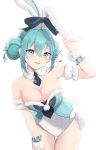  1girl 39 2022 absurdres animal_ears atom_mtoa bangs bicute_bunnies_miku black_necktie blue_eyes blush bow breasts cleavage detached_collar ear_grab hair_between_eyes hatsune_miku highres leaning_forward leotard looking_at_viewer miku_day necktie open_mouth playboy_bunny rabbit_ears sidelocks smile solo standing vocaloid white_background 
