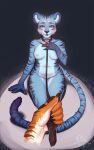  anthro blue_body blue_fur claws duo epke felid female first_person_view fur hi_res kinktober leash leash_and_collar leashed_pov looking_at_viewer male male/female mammal nipples pantherine pink_eyes pink_nipples smile smiling_at_viewer spotlight tiger 