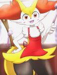  ambiguous_gender anthro apron blush braixen canid canine clothing eiroru fox generation_6_pokemon hi_res inner_ear_fluff looking_at_viewer mammal nintendo pokemon pokemon_(species) ribbons smile solo stick tuft video_games 