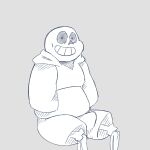  absurd_res bald big_eyes bone bottomwear bulge clothed clothing erection erection_under_clothing hands_in_both_pockets hi_res hoodie humanoid male mrjosh47 sans_(undertale) shorts sitting skeleton skull skull_head smile solo topwear undertale_(series) 