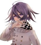  1boy bangs black_scarf buttons checkered_clothes checkered_scarf danganronpa_(series) danganronpa_v3:_killing_harmony double-breasted grey_jacket grey_scarf hair_between_eyes hand_up highres jacket long_sleeves medium_hair men_(reitomenko) ouma_kokichi parted_lips pink_hair scarf shiny shiny_hair simple_background solo teeth upper_body white_background 