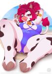  5_fingers anthro blep bovid bovine breasts cattle clothed clothing eyebrows eyelashes facial_piercing female fingers hair hi_res hooves looking_at_viewer mammal nose_piercing nose_ring piercing red_eyes red_hair ring_piercing rysonanthrodog solo tongue tongue_out 