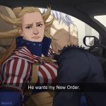  1boy 1girl :/ american_flag american_flag_print ass back blonde_hair bodysuit boku_no_hero_academia breikka cape car car_interior car_seat closed_mouth english_commentary english_text flag_print grey_hair ground_vehicle he_wants_to_order_(meme) height_difference high_collar impossible_hair interior leaning_over lips long_hair looking_at_viewer median_furrow meme motor_vehicle pants parted_lips rear-view_mirror scar selfie shigaraki_tomura spoilers star_and_stripe_(boku_no_hero_academia) steering_wheel topless_male torn_clothes 