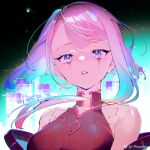  1girl bangs bare_shoulders blue_hair bodysuit breasts commentary_request cyberpunk_(series) cyberpunk_edgerunners eyeshadow floating_hair lipstick lucy_(cyberpunk) makeup multicolored_hair parted_lips pink_hair purple_eyes rosele solo upper_body watermark 