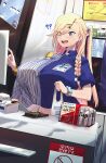  1girl ? ?? bangs blonde_hair blue_eyes blue_shirt blush breasts collared_shirt crop_top crop_top_overhang earrings highres huge_breasts jewelry long_hair magister open_mouth original pandora_smith shirt short_sleeves smile solo swept_bangs 