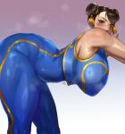  1girl absurdres armpits artist_name bare_shoulders blue_unitard blush bow breasts brown_eyes brown_hair china_dress chinese_clothes chun-li double_bun dress eyeshadow hair_bun highres huge_breasts looking_at_viewer makeup mili_leona_orochi plump red_eyeshadow signature skin_tight solo steaming_body street_fighter striped thick_thighs thighs unitard yellow_bow 
