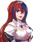  1girl alear_(fire_emblem) alear_(fire_emblem)_(female) armor blue_eyes blue_hair bow braid breasts crown_braid fire_emblem fire_emblem_engage heterochromia highres long_hair looking_at_viewer medium_breasts multicolored_hair open_mouth red_eyes red_hair smile solo sturm_fe_k11 tiara upper_body white_bow 