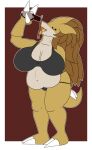  3_fingers anthro belly big_breasts bra breasts claws cleavage clothed clothing female fingers food generation_1_pokemon hi_res huge_breasts kittywrath navel nintendo overweight overweight_anthro overweight_female panties pokemon pokemon_(species) sandpancake sandslash simple_background syrup tongue tongue_out underwear video_games 