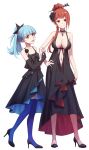  2girls :d asymmetrical_gloves bangs bare_arms black_bow black_choker black_dress black_footwear black_gloves blue_hair blue_thighhighs blunt_bangs bow breasts brown_hair choker cleavage closed_mouth collarbone dress elbow_gloves evening_gown flat_chest frown full_body gem gloves hair_bow hair_ornament hairpin hand_on_hip high_heels high_ponytail highres hoshikawa_lily jewelry layered_dress long_dress long_hair looking_at_viewer medium_breasts multiple_girls navel pendant pumps purple_gemstone red_eyes ren_fuzi revealing_clothes shiny shiny_hair simple_background single_glove sleeveless sleeveless_dress smile standing thighhighs white_background yellow_eyes yuugiri_(zombie_land_saga) zombie_land_saga 