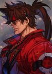  1boy brown_eyes brown_hair from_side guilty_gear guilty_gear_strive hair_between_eyes headband hungry_clicker jacket long_hair looking_to_the_side male_focus muscular muscular_male ponytail red_jacket shaded_face sol_badguy upper_body 