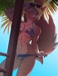  abs anthro ariannafray_pr bikini blonde_hair breasts claws clothing eyewear female fluffy fluffy_tail hair hi_res mammal muscular muscular_anthro muscular_female narrowed_eyes outside palm_tree plant rodent sciurid solo sunglasses swimwear tanya_(bronx23) tree tree_squirrel 