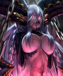  1girl :o absurdres blue_hair breasts curled_horns fangs fate/grand_order fate_(series) hair_between_eyes hair_censor hair_over_breasts highres horns huge_breasts jyx3 long_hair long_horns looking_at_viewer navel pink_eyes pointy_ears solo stomach_tattoo symbol-shaped_pupils tattoo tiamat_(fate) very_long_hair x-shaped_pupils 