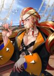  1boy athies axel_syrios beard bird blonde_hair braid collarbone eyepatch facial_hair gun highres holostars holostars_english jacket jewelry long_hair multicolored_hair open_clothes open_jacket pirate pirate_costume red_hair rigging ring streaked_hair virtual_youtuber weapon 