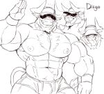  abs absurd_res anthro armpit_hair armpit_tuft baseball_cap big_pecs black_and_white body_hair bottomwear bovid bovine cattle clothing diego_(juggermelon) eyewear glasses hat headgear headwear hi_res horn hotpants juggermelon male mammal monochrome muscular muscular_male obscured_eyes pecs shorts solo 