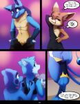  angry animal_genitalia anthro blue_body blue_fur brown_body brown_fur chest_spike clothing comic darkmirage dialogue dragonchu_(character) embarrassed felid feline female flamecario fur generation_4_pokemon genitals group hi_res hybrid lucario male mammal nintendo page_number pokemon pokemon_(species) quetzalli_(character) sheath simple_background spikes spikes_(anatomy) undressing vicious_kitty video_games 
