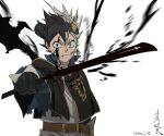  asta_(black_clover) black_capelet black_clover black_hair capelet demon_horns green_eyes grey_hair heterochromia holding holding_sword holding_weapon horns red_eyes sword weapon wings yoshihara_tatsuya 