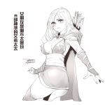  1girl animification arrow_(projectile) ashe_(league_of_legends) ass breasts bridal_gauntlets closed_mouth dated dress ejami greyscale hood league_of_legends long_hair looking_at_viewer monochrome signature simple_background solo thighhighs white_background 