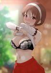  1girl absurdres black_bra blush bra breasts brown_eyes brown_hair clothes_lift detached_sleeves hairband highres kantai_collection large_breasts lifted_by_self natori_(kancolle) navel neve nose_blush pleated_skirt red_skirt shirt shirt_lift short_hair skirt solo underwear undressing white_hairband white_shirt 