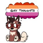 1:1 2022 ambiguous_gender blush bodily_fluids brown_hair canid canine english_text green_eyes hair hindpaw lesbian_pride_colors lgbt_pride mammal pawpads paws pride_colors skylardoodles solo sweat sweatdrop text thought_bubble 