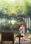  1boy 1girl backwards_hat bangs beetle black_hair brown_eyes brown_hair brown_shorts bug bush butterfly_net child day forest hand_net hat highres holding long_hair male_child nature original outdoors puddle shirt short_sleeves shorts sign socks standing tomamatto tree 