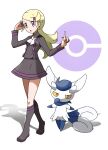  absurdres ace_trainer_(pokemon) ascot astrid_(pokemon) bad_id bad_pixiv_id blonde_hair hair_ornament highres long_hair long_sleeves meowstic meowstic_(female) open_mouth pokemon pokemon_(creature) pokemon_(game) pokemon_xy purple_eyes ribbon skirt teru_zeta 