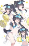  1girl animal_ears bare_shoulders black_hair blue_archive blush breasts cheerleader commentary dog_ears dog_girl dog_tail goggles goggles_on_head grey_eyes halo hibiki_(blue_archive) hibiki_(cheerleader)_(blue_archive) highres long_hair multiple_views navel open_mouth parted_lips pleated_skirt pom_pom_(cheerleading) ponytail shiwa_(siwaa0419) shoes simple_background skirt small_breasts standing standing_on_one_leg starry_background tail wavy_mouth white_background white_footwear white_skirt wrist_cuffs 